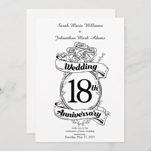 18周年結婚記念日の黒と白のバラ 招待状 (正面/裏面)