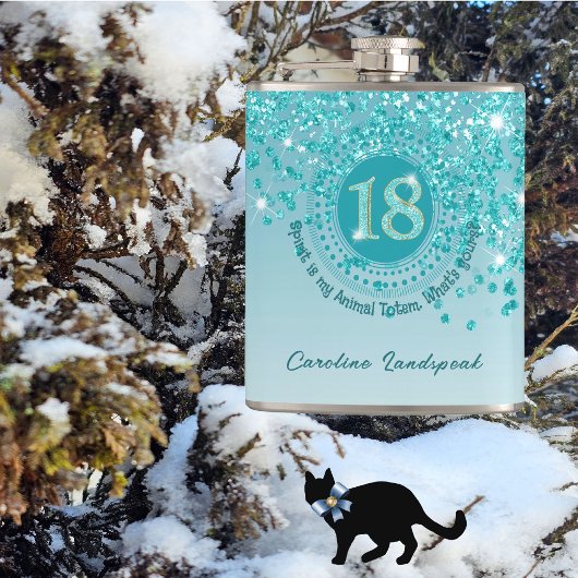 18月&ティール（緑がかった色）ブルーグリッター&ドリンク引用文 フラスク