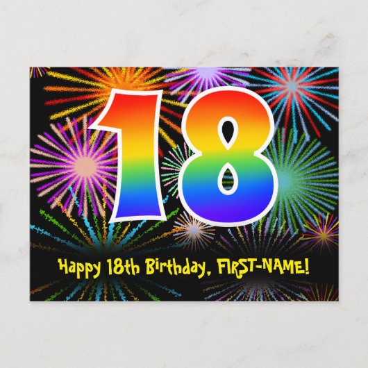 18歳の誕生日おめでとう - 楽しい花火模様 + レインボー18 ポストカード (正面)