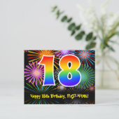 18歳の誕生日おめでとう - 楽しい花火模様 + レインボー18 ポストカード (スタンド正面)