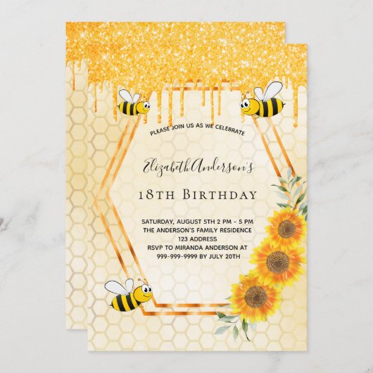 18歳の誕生日でこぼこ蜂ひまわり花金ゴールドグリッター 招待状 (正面/裏面)