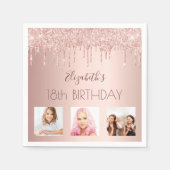 18歳の誕生日の写真カスタムバラ金ゴールドピンクの滴 スタンダードカクテルナプキン (正面)