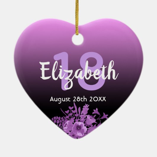 18歳の誕生日の紫の黒いフローラ名 セラミックオーナメント (裏面)