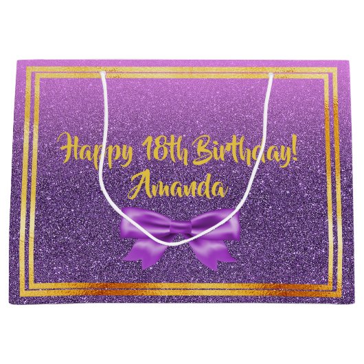 18歳の誕生日ウルトラバイオレットピンクとフェイクグリッター ラージペーパーバッグ (正面)