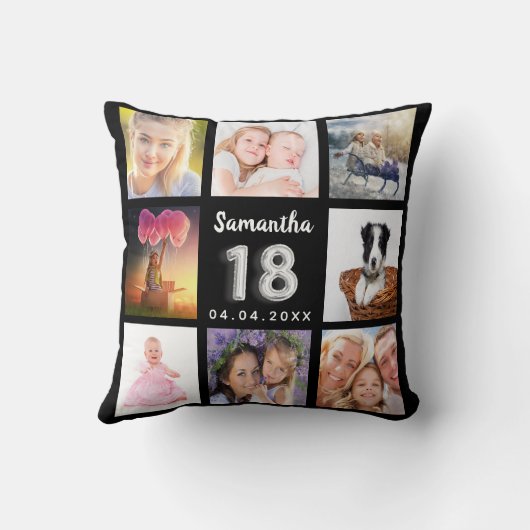 18歳の誕生日カスタム写真コラージュ黒銀 クッション (裏面)