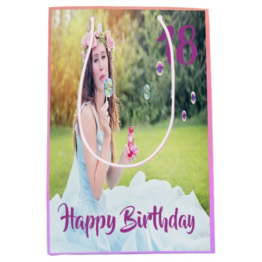 18歳の誕生日カスタム写真パープル ミディアムペーパーバッグ