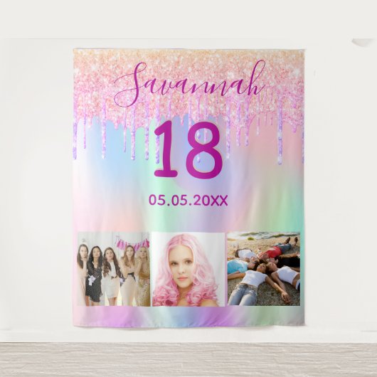 18歳の誕生日カスタム写真 レインボーローズゴールドピンク タペストリー (正面)