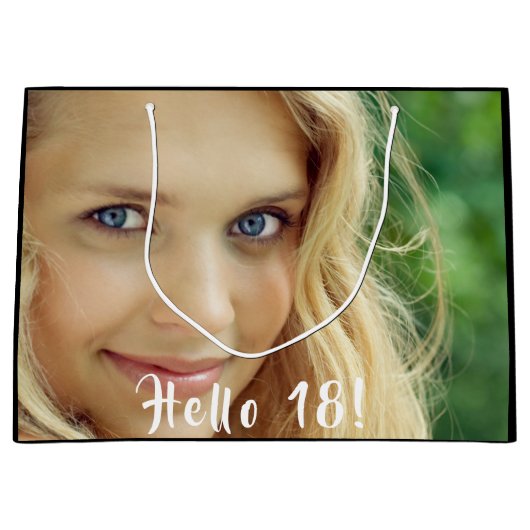 18歳の誕生日カスタム写真hello 18 18 ラージペーパーバッグ (正面)