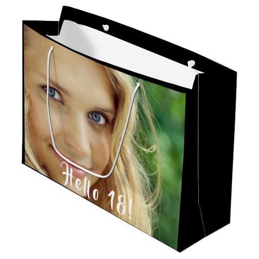18歳の誕生日カスタム写真hello 18 18 ラージペーパーバッグ (正面アングル)