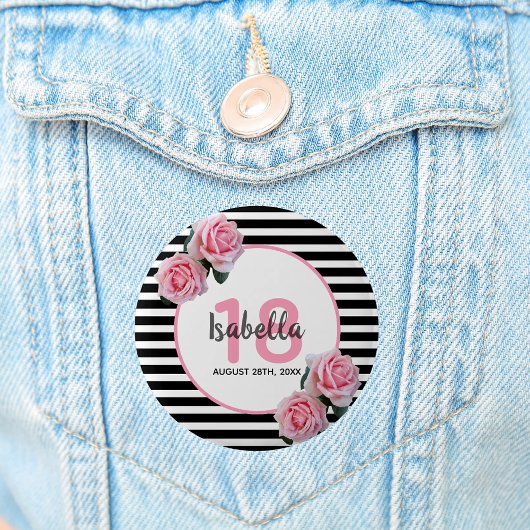 18歳の誕生日ガーリーピンクのバラ白黒ストライプ 缶バッジ