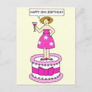 18歳の誕生日ケーキの上の漫画の女性 ポストカード