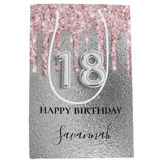 18歳の誕生日シルバーグリッタードリップスピンクモノグラム ミディアムペーパーバッグ (正面)
