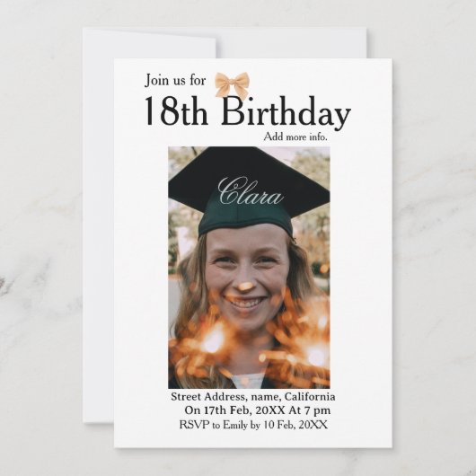 18歳の誕生日シンプルなミニマルなリボン白の写真名前 招待状 (正面)