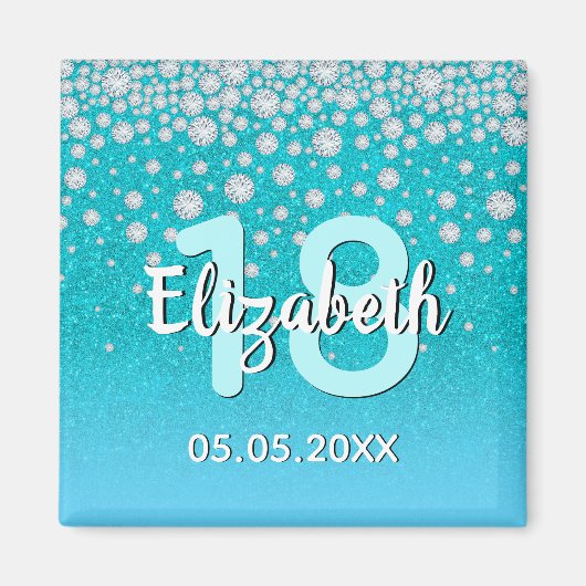 18歳の誕生日ターコイズブルーグリーン輝く名前ダイヤモンド マグネット (正面)