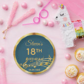 18歳の誕生日ティール（緑がかった色）グリーンミュージックノート ペーパープレート (パーティー)