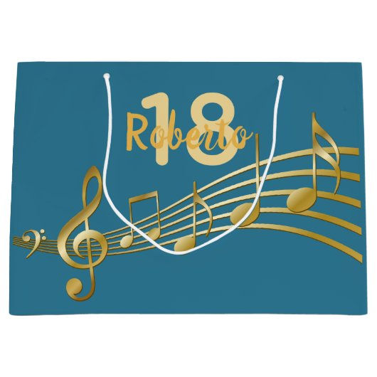 18歳の誕生日ティール（緑がかった色）グリーンミュージックノート ラージペーパーバッグ (正面)