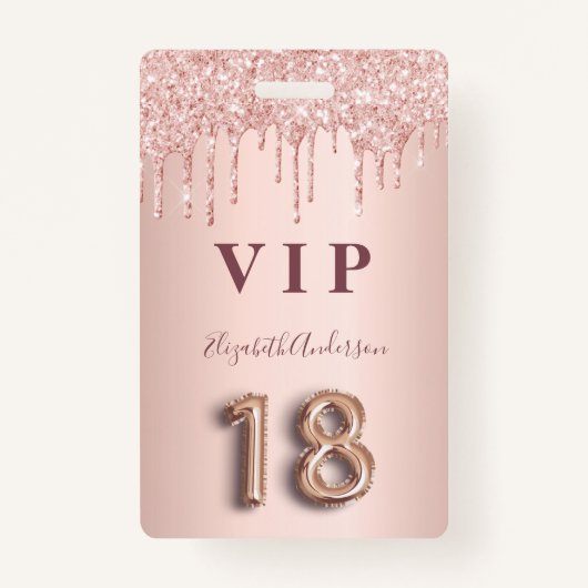 18歳の誕生日バラ金ゴールドグリッターはピンクのガラスを乾燥 バッジ (正面)