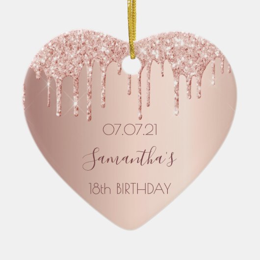 18歳の誕生日バラ金ゴールドグリッターピンクハート セラミックオーナメント (正面)