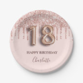 18歳の誕生日バラ金ゴールドグリッターピンクバルーンスタイル ペーパープレート (正面)