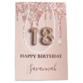 18歳の誕生日バラ金ゴールドグリッターピンクバルーンスタイル ミディアムペーパーバッグ (正面)