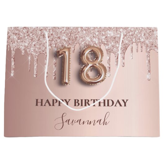 18歳の誕生日バラ金ゴールドグリッターピンクバルーンスタイル ラージペーパーバッグ (正面)