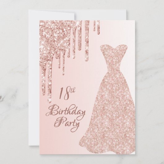 18歳の誕生日バラ金ゴールドドレスグリッタードリップ 招待状 (正面)