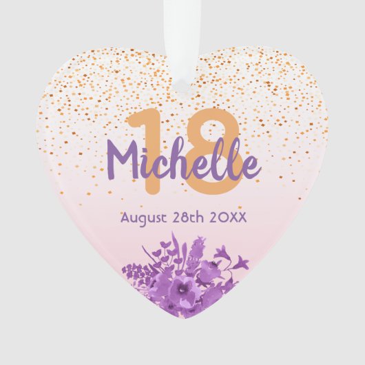 18歳の誕生日バラ金ゴールド紙吹雪紫色の花 オーナメント (正面)