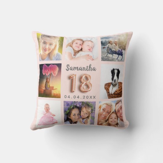 18歳の誕生日バラ金ゴールド赤面ピンク写真コラージュ クッション (裏面)