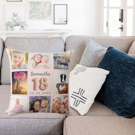 18歳の誕生日バラ金ゴールド赤面ピンク写真コラージュ クッション