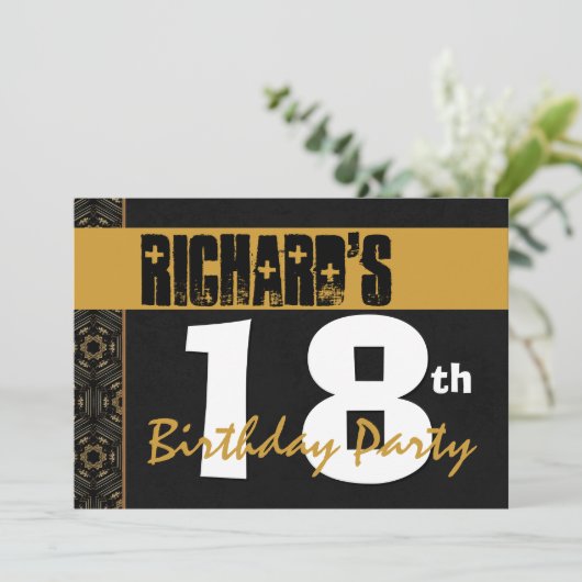 18歳の誕生日パーティーのモダン金ゴールドとブラック2B7 招待状 (スタンド正面)