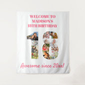 18歳の誕生日パーティーの写真コラージュ ピンクの背景 タペストリー (正面)