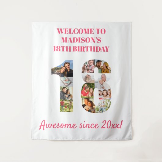 18歳の誕生日パーティーの写真コラージュ ピンクの背景 タペストリー (正面)