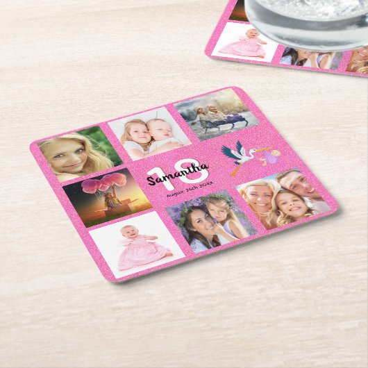 18歳の誕生日パーティー写真コラージュのピンクグリッター スクエアペーパーコースター (アングル)