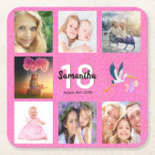 18歳の誕生日パーティー写真コラージュのピンクグリッター スクエアペーパーコースター (正面)