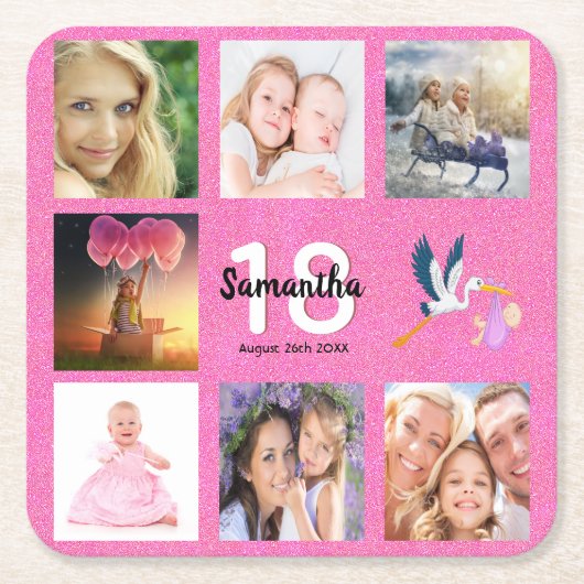 18歳の誕生日パーティー写真コラージュのピンクグリッター スクエアペーパーコースター (正面)