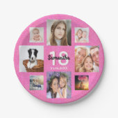 18歳の誕生日パーティー写真コラージュのピンクグリッター ペーパープレート (正面)