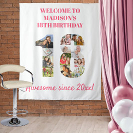 18歳の誕生日パーティー写真コラージュ ピンクの背景 タペストリー