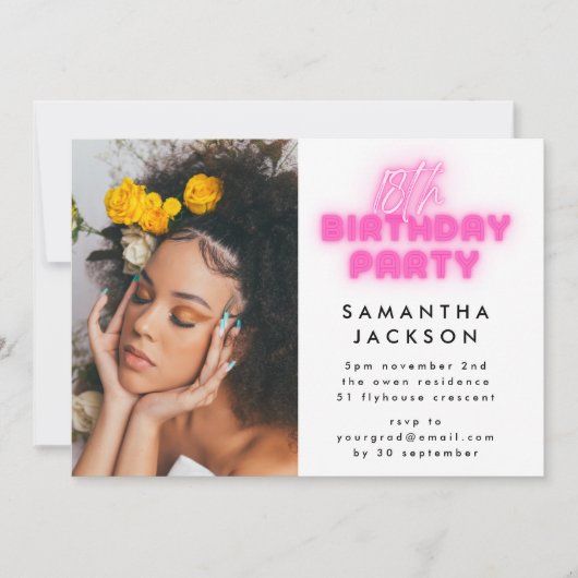 18歳の誕生日パーティー写真ピンクのネオンルモライト 招待状 (正面)