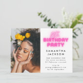 18歳の誕生日パーティー写真ピンクのネオンルモライト 招待状 (スタンド正面)