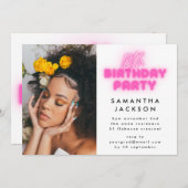 18歳の誕生日パーティー写真ピンクのネオンルモライト 招待状 (正面/裏面)