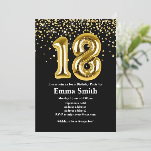 18歳の誕生日パーティー用のグリッターゴールド風船 招待状 (スタンド正面)