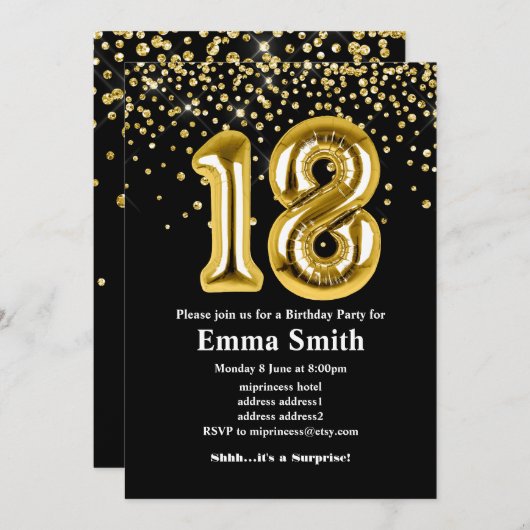 18歳の誕生日パーティー用のグリッターゴールド風船 招待状 (正面/裏面)