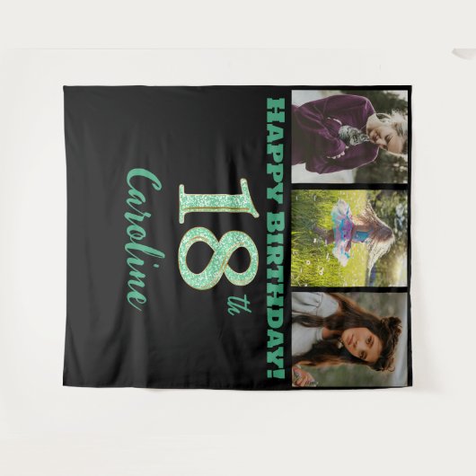 18歳の誕生日パーティー、グリーングリッター＆3枚の写真 タペストリー (正面(横))