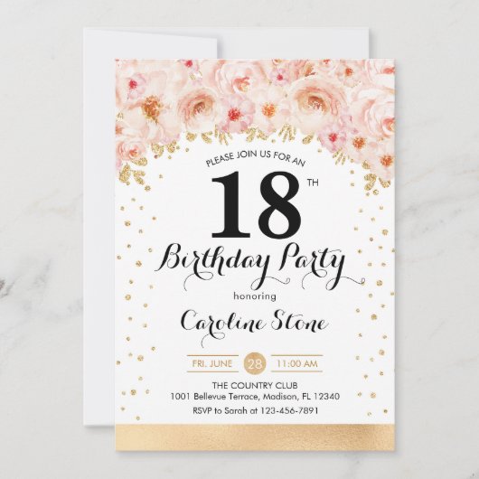 18歳の誕生日パーティー - ゴールドの花 招待状 (正面)