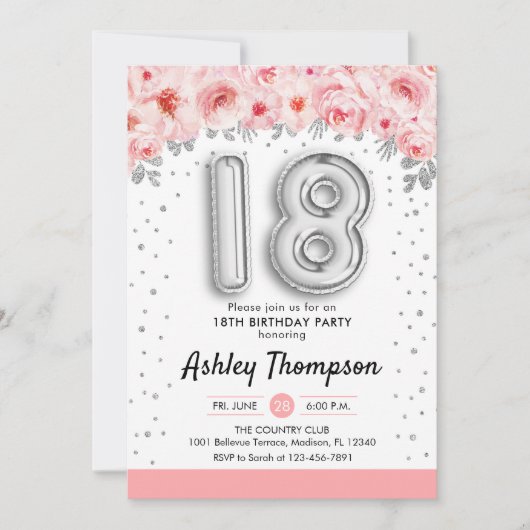 18歳の誕生日パーティー - シルバーバルーン 招待状 (正面)