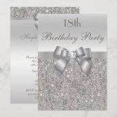 18歳の誕生日パーティー シルバー シークイン、リボン & ダイヤモンド 招待状 (正面/裏面)