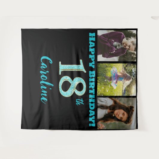 18歳の誕生日パーティー、ターコイズブルーのグリッター & 3枚の写真 タペストリー (正面(横))