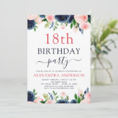 18歳の誕生日パーティー ネイビーブルー ブラッシュピンク フラワーリング 招待状 (スタンド正面)