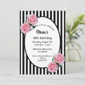 18歳の誕生日パーティー ピンクのバラ 黒白のストライプ 招待状 (スタンド正面)