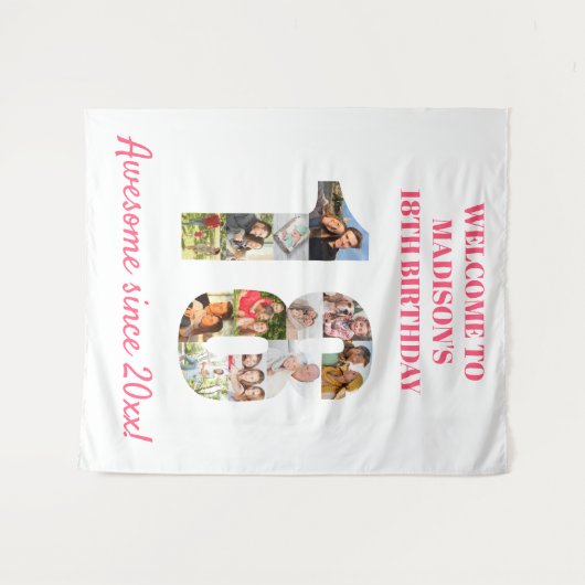 18歳の誕生日パーティー 写真コラージュ ピンクの背景 タペストリー (正面(横))